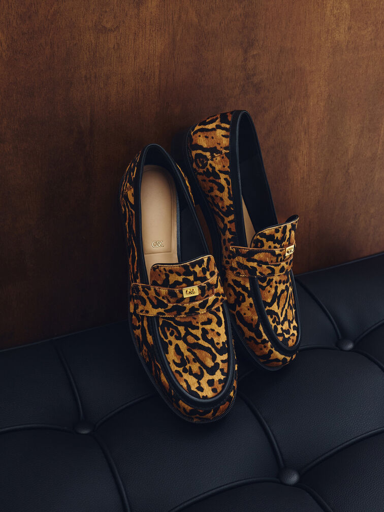 Georgina Calf Hair Leopard-Print Metallic-Accent Penny Loafers, Animal Print Brown, hi-res