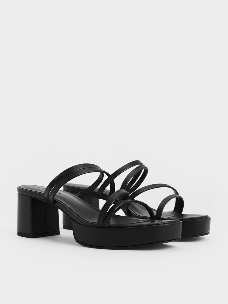 Strappy Trapeze-Heel Mules, Black, hi-res