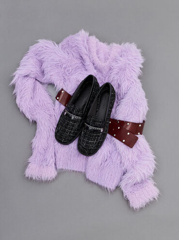 Tweed Braided-Chain Metallic-Accent Loafers, Black Textured, hi-res