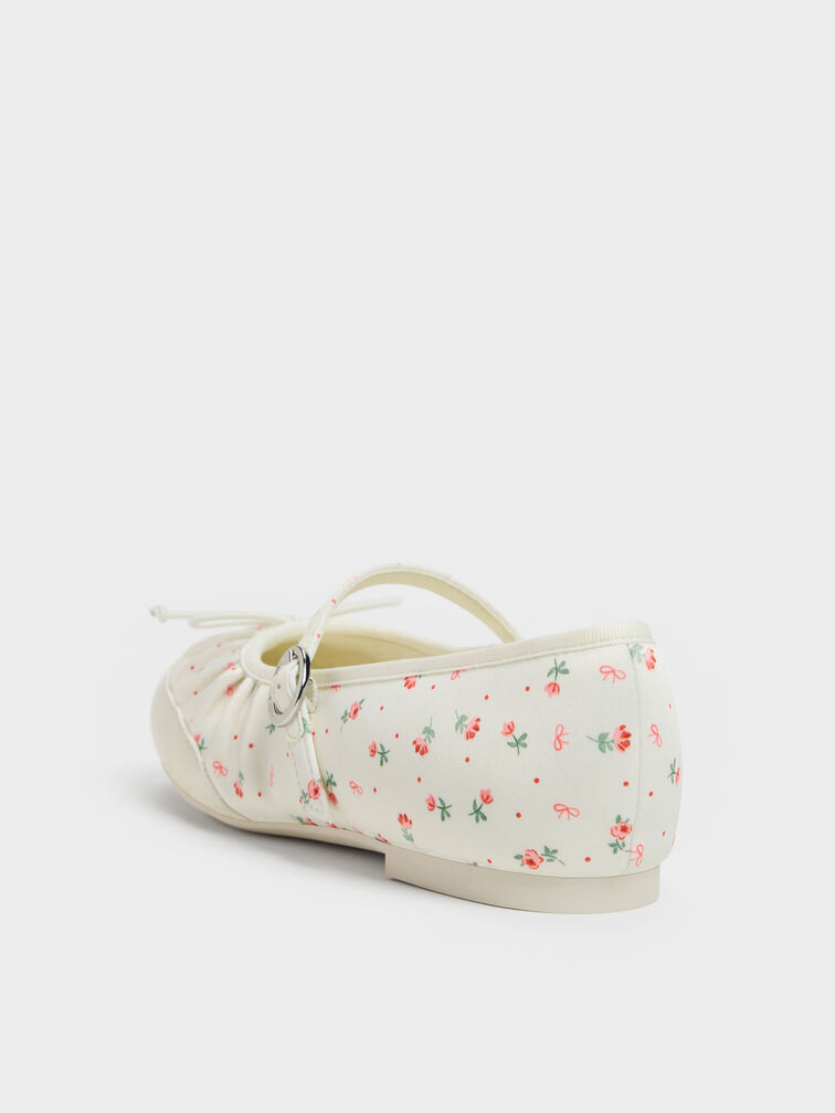 Girls' Satin Printed Bow Mary Jane Flats, Chalk, hi-res