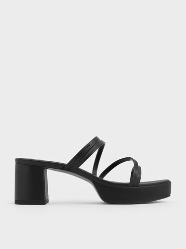 Strappy Trapeze-Heel Mules, Black, hi-res
