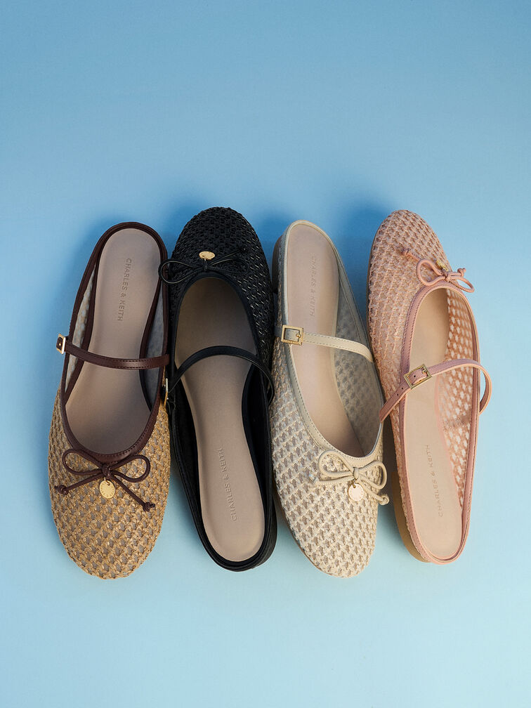 Gi&agrave;y mules đế thấp Raffia, Đen họa tiết, hi-res