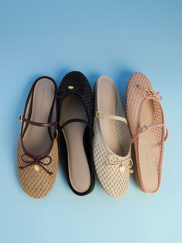 Gi&agrave;y mules đế thấp Raffia, Đen họa tiết, hi-res