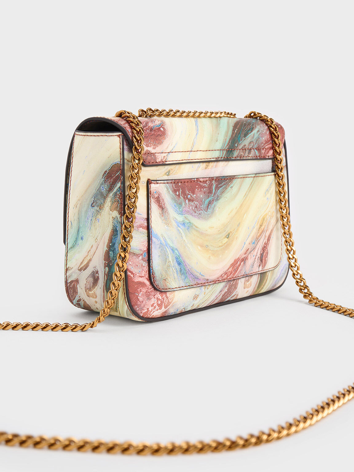 Túi đeo vai phom chữ nhật Swirl-Print Push Lock Chain, Nhiều màu, hi-res