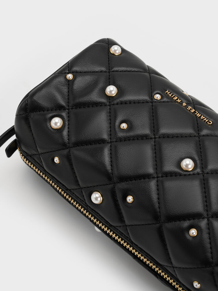 Janie Quilted Pearl Shoulder Bag, Black, hi-res