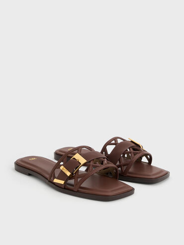 Whitney Leather Cut-Out Slide Sandals, Brown, hi-res
