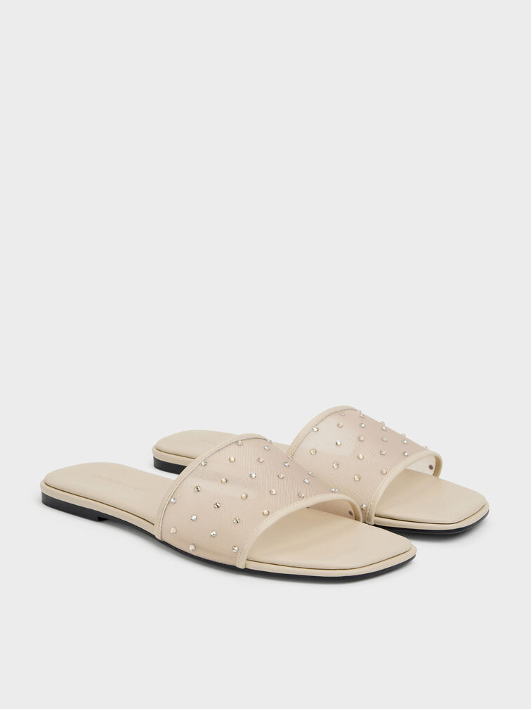 Mesh Crystal Slide Sandals, Beige, hi-res