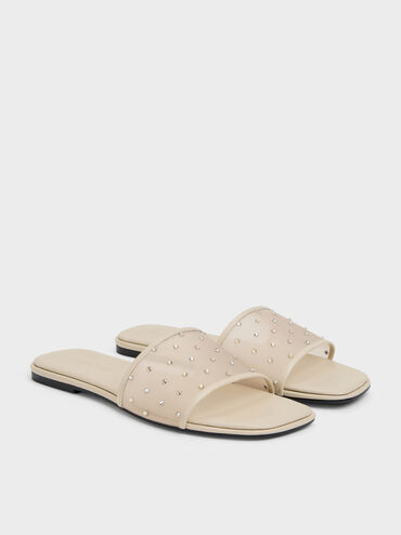 Mesh Crystal Slide Sandals, Beige, hi-res