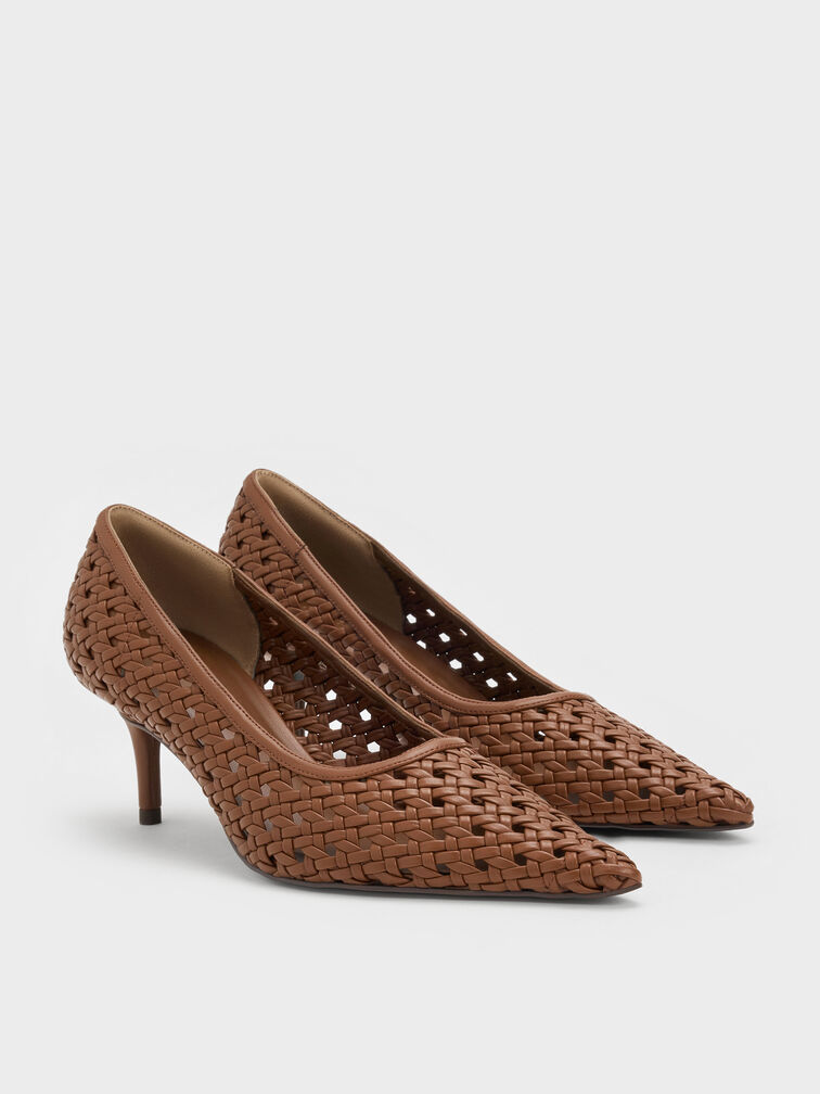 Woven Pointed Stiletto Pumps, Brown, hi-res