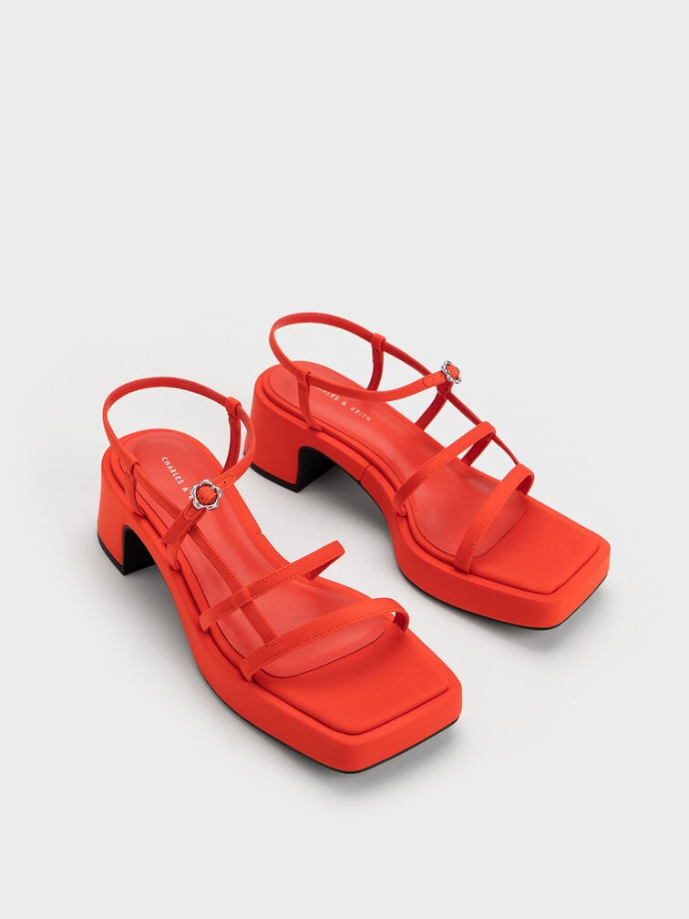 Giày sandals cao gót Flower-Buckle Strappy, Đỏ, hi-res