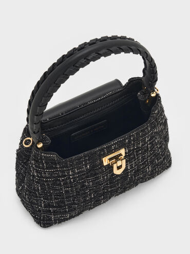 Arwen Tweed Quilted Braided-Strap Top Handle Bag, Black Tweed, hi-res