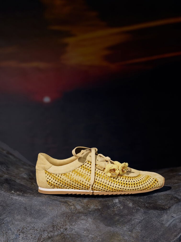Jace Crochet & Suede Flower Sneakers, Yellow, hi-res