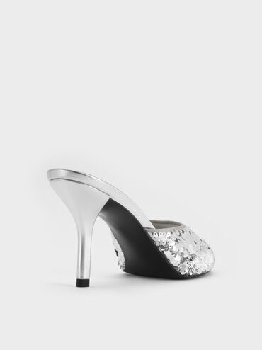 Sequinned Stiletto-Heel Mules, Silver, hi-res