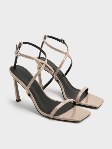 Patent Strappy Heeled Sandals, Taupe, hi-res