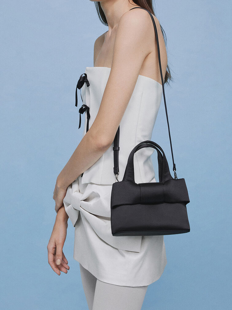Satin Bow Bucket Bag, Noir, hi-res