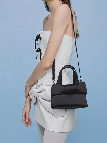 Satin Bow Bucket Bag, Noir, hi-res