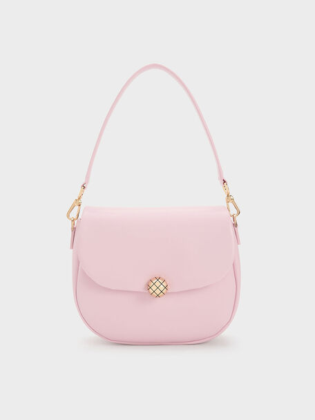 Quilted Ball Curved Crossbody Bag, Pink, hi-res