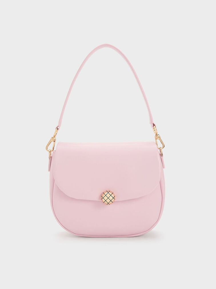 Quilted Ball Curved Crossbody Bag, Pink, hi-res