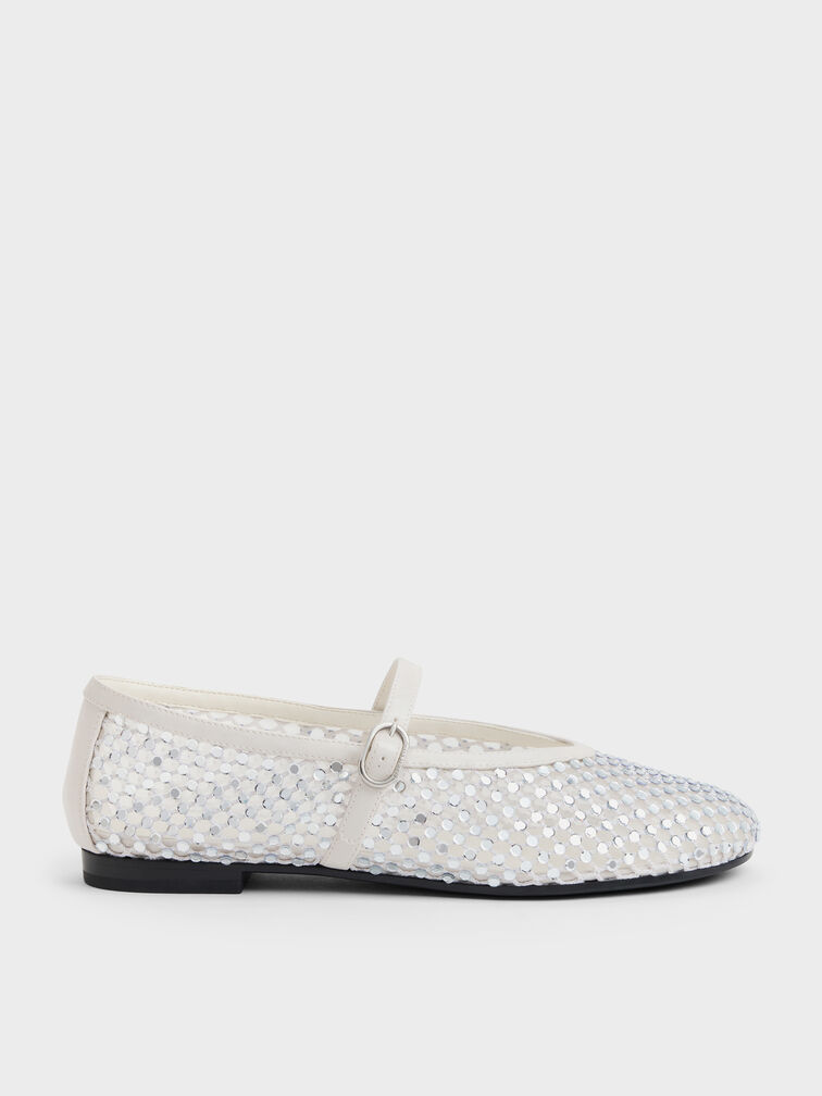 Maggie Mesh Crystal Mary Janes, White, hi-res