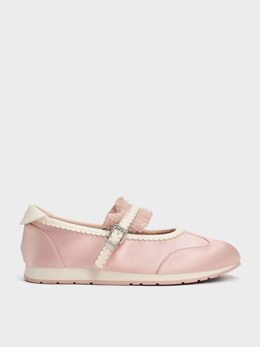 Girls' Satin Scallop-Trim Mary Jane Sneakers, Pink, hi-res