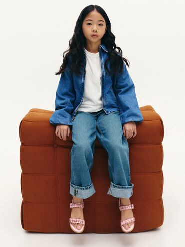 Girls' Tweed Crystal-Buckle Double-Strap Slingback Sandals, Pink, hi-res