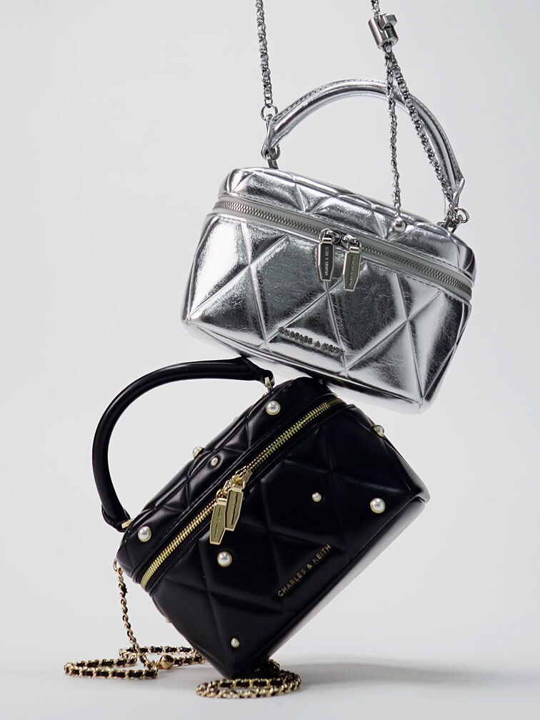 Arwen Metallic Quilted Top Handle Vanity Bag, Silver, hi-res