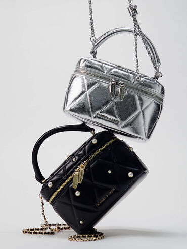 Arwen Metallic Quilted Top Handle Vanity Bag, Silver, hi-res