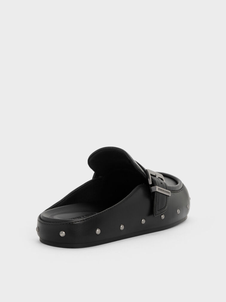 Studded Buckled Flat Mules, Black, hi-res