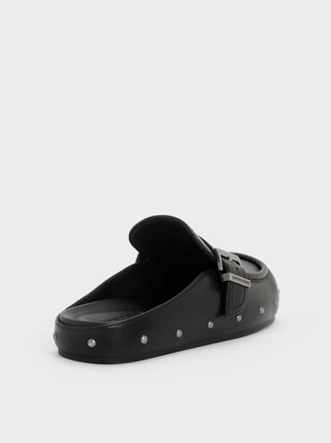 Studded Buckled Flat Mules, Black, hi-res