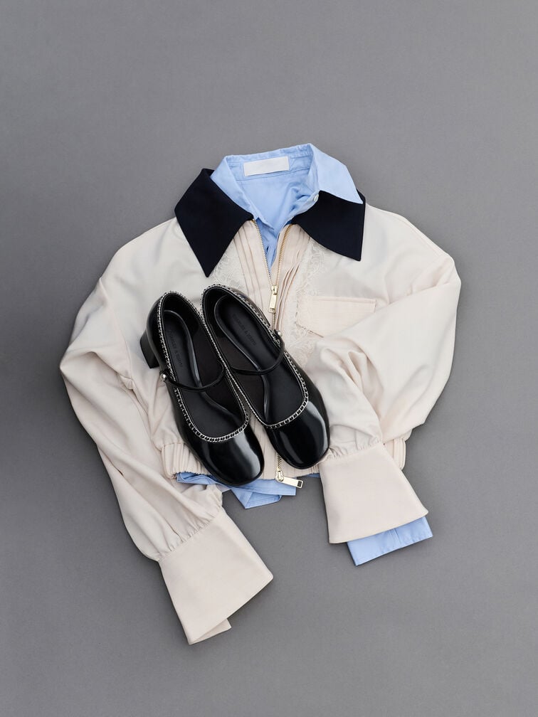 Gi&agrave;y b&uacute;p b&ecirc; đế cao Braided-Chain, Đen b&oacute;ng nh&aacute;m, hi-res