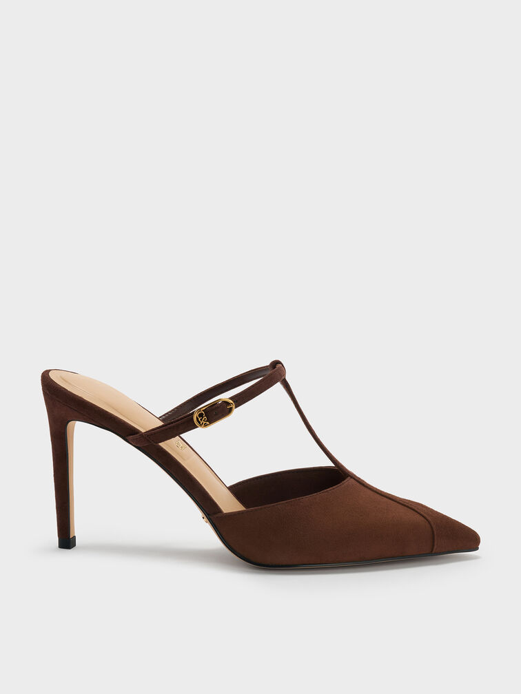 Suede T-Bar Pointed Heeled Mules, Brown, hi-res
