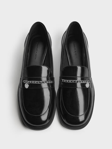 Braided-Chain Metallic-Accent Loafers, Black Boxed, hi-res