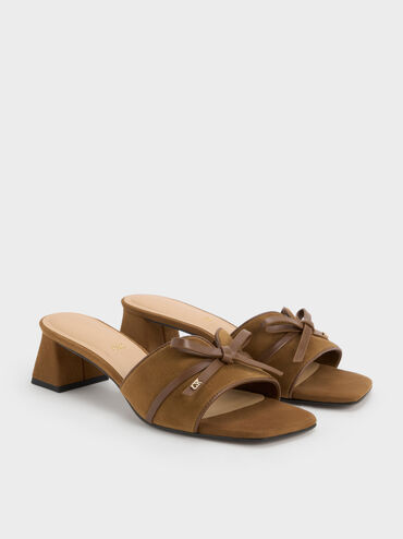 Leather & Suede Bow Heeled Mules, Brown, hi-res