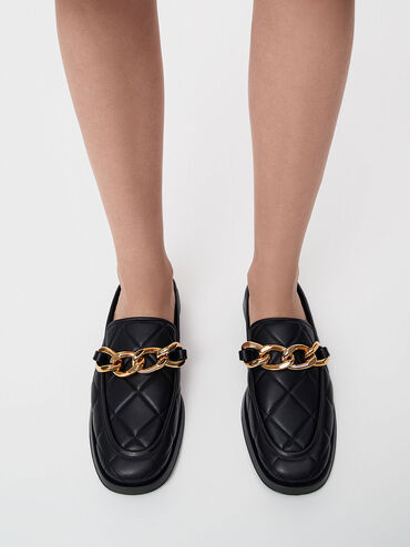 Giày mules nữ Quilted Chain Loafer, Đen, hi-res