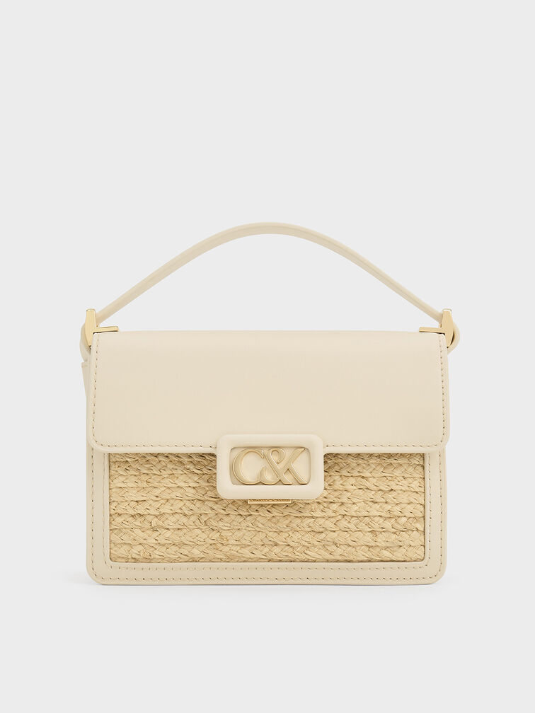 Leather & Raffia Boxy Bag, Beige, hi-res