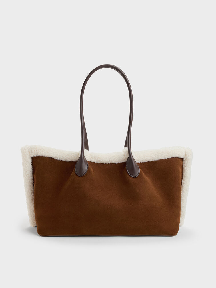 XL Cosima Fur-Trim Tote Bag, Pecan Brown, hi-res