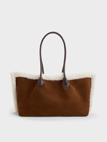 XL Cosima Fur-Trim Tote Bag, Pecan Brown, hi-res