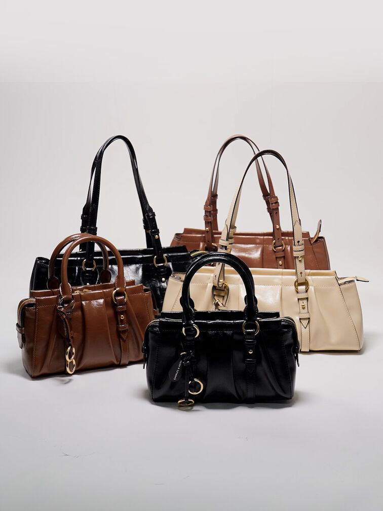 T&uacute;i tote phom chữ nhật Britton Ruched, Đen, hi-res