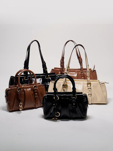 T&uacute;i tote phom chữ nhật Britton Ruched, Đen, hi-res