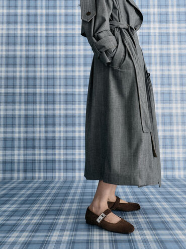 Lando Faux Suede Mary Jane Flats, Dark Brown Textured, hi-res