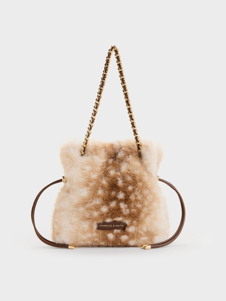 Arya Furry Deer-Print Braided-Chain Crossbody Bag, Animal Print Brown, hi-res