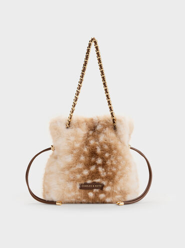 Arya Furry Deer-Print Braided-Chain Crossbody Bag, Animal Print Brown, hi-res