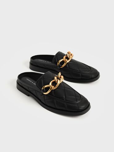 Giày mules nữ Quilted Chain Loafer, Đen, hi-res