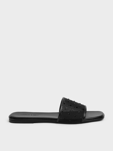 Mesh Crystal Slide Sandals, Black Textured, hi-res