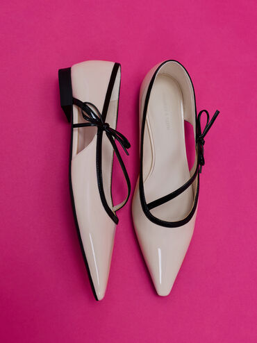 Patent Contrast-Trim Pointed-Toe Bow-Strap Flats, Chalk, hi-res
