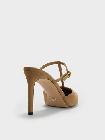 Suede T-Bar Pointed Heeled Mules, Sand, hi-res