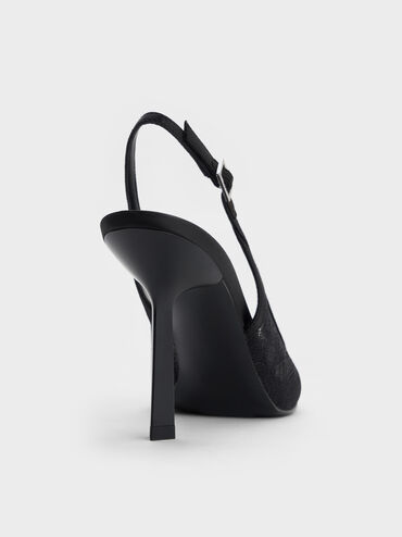 Lace & Satin Slingback Pumps, Black Textured, hi-res