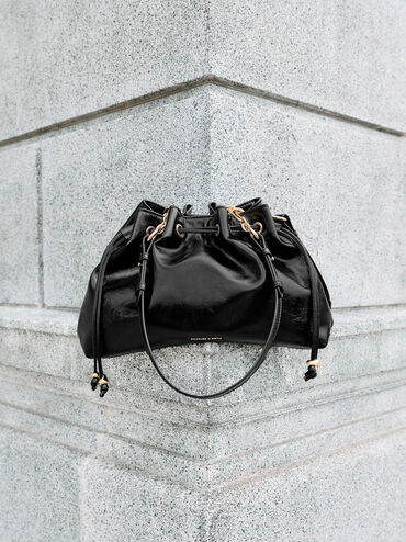 Moxie Drawstring Bucket Bag, Black, hi-res