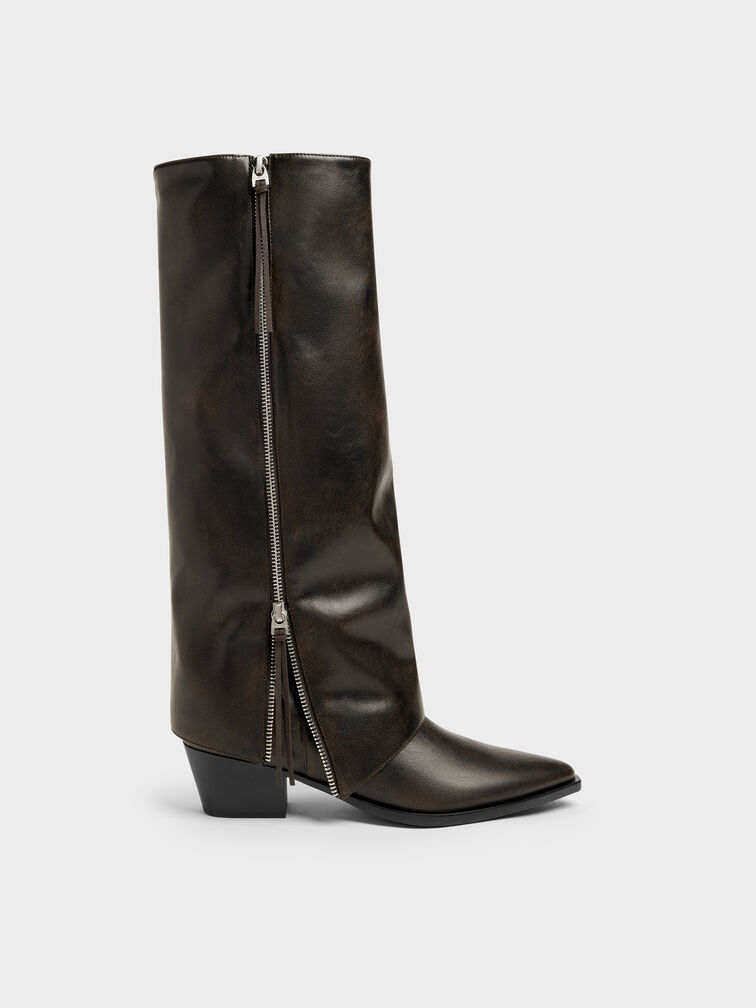 Aether Tassel-Zip Knee-High Boots, Dark Brown, hi-res