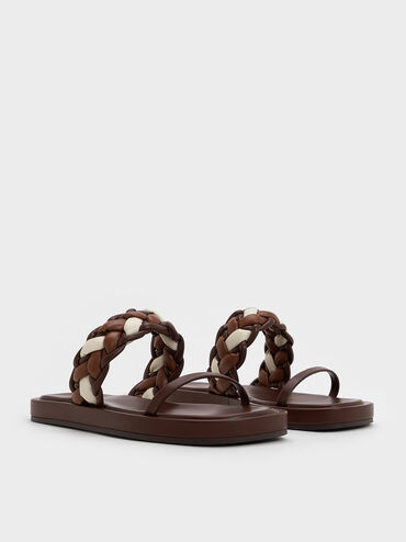 Braided-Strap Flatform Sandals, Brown, hi-res